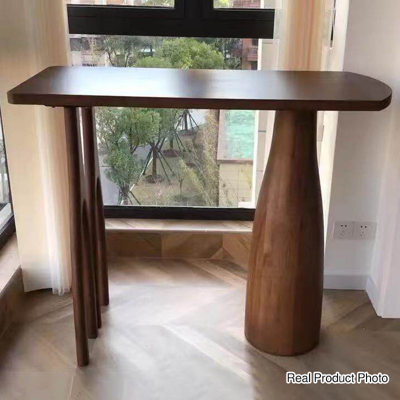 Modern Mid-Century Solid Pine Wood Bar Table With Sculptural Tapered Pedestal For Home Dining