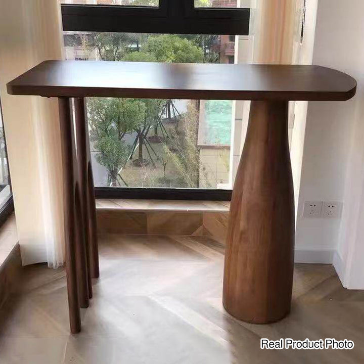 Modern Mid-Century Solid Pine Wood Bar Table With Sculptural Tapered Pedestal For Home Dining