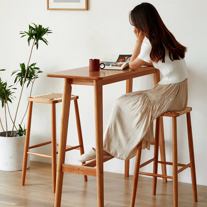 Modern Minimalist Rectangular Solid Cherry Wood Bar Table With Footrest Multi-Functional Console For Dining Room &amp; Living Room