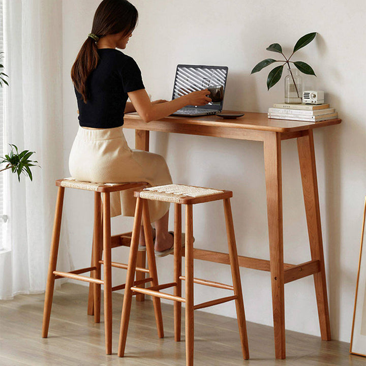 Modern Minimalist Rectangular Solid Cherry Wood Bar Table With Footrest Multi-Functional Console For Dining Room &amp; Living Room
