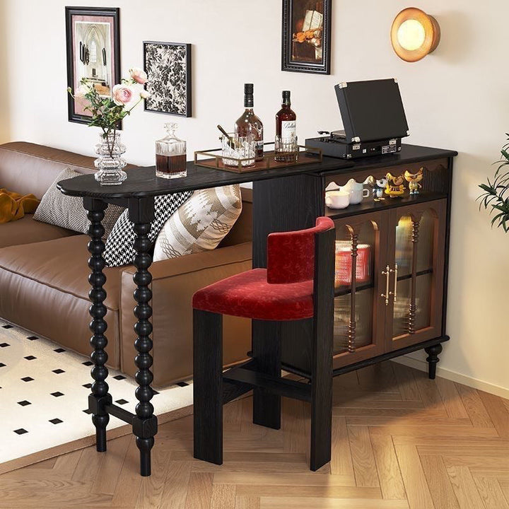 Modern Mid-Century Ball-turned Legs Solid Wood Long Rainbow Glass Bar Table 4-Tier For Living Room