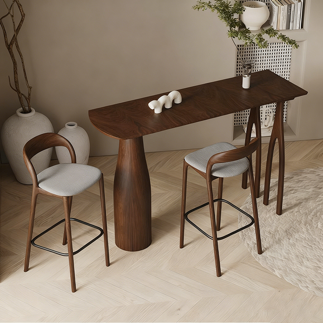 Modern Mid-Century Solid Pine Wood Bar Table With Sculptural Tapered Pedestal For Home Dining