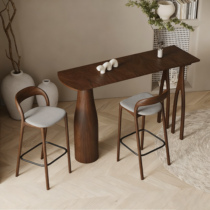 Modern Mid-Century Solid Pine Wood Bar Table With Sculptural Tapered Pedestal For Home Dining