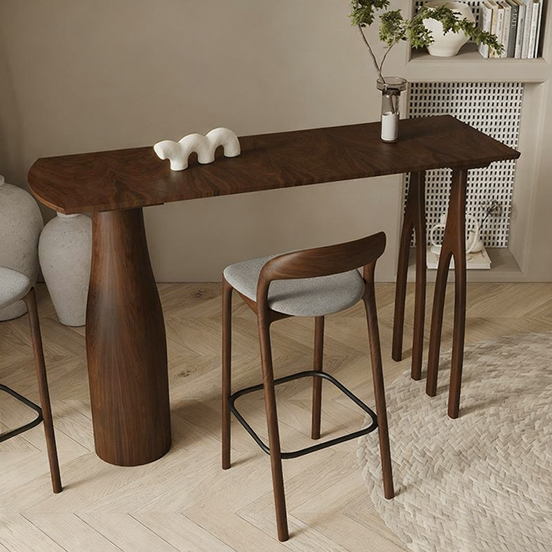 Modern Mid-Century Solid Pine Wood Bar Table With Sculptural Tapered Pedestal For Home Dining