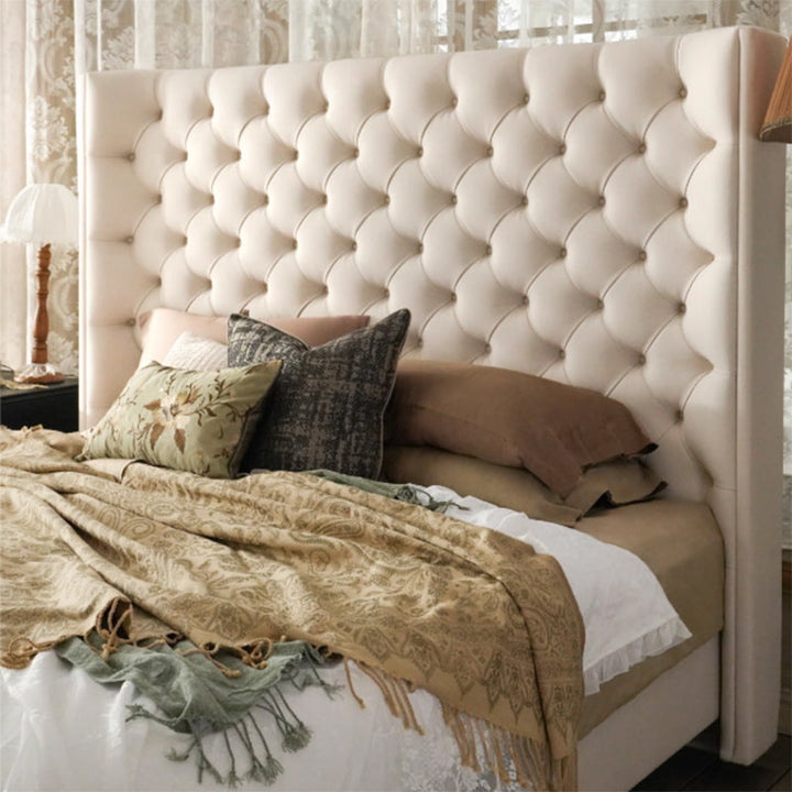 Eco-Friendly Microfiber Leather Tufted Beige Bed Frame - French Style Sustainable Customizable And Stylish For Your Bedroom