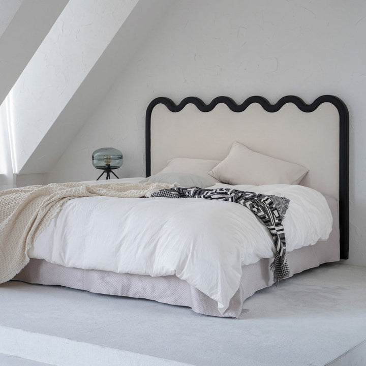 Wavy Paint-Free Solid Wood Bed Frame - Beige Linen French Design For Your Bedroom