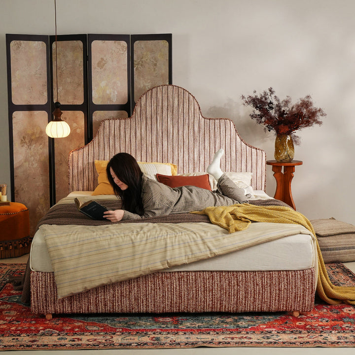 Detachable Dual-Tone Leather &amp; Fabric Covers - Elegant French Curved Headboard Bed Frame For Your Bedroom
