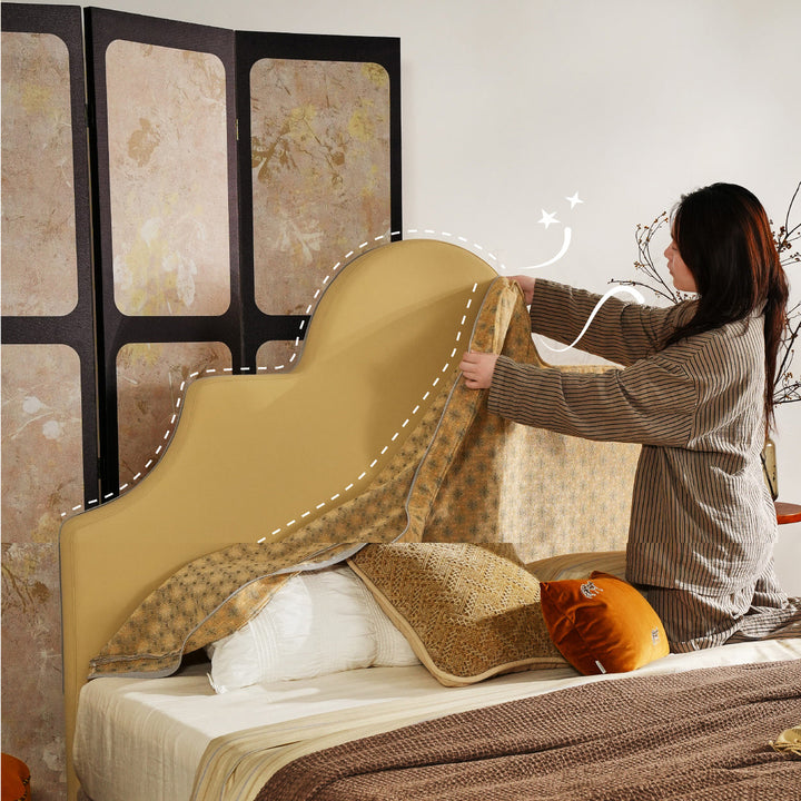 Detachable Dual-Tone Leather &amp; Fabric Covers - Elegant French Curved Headboard Bed Frame For Your Bedroom