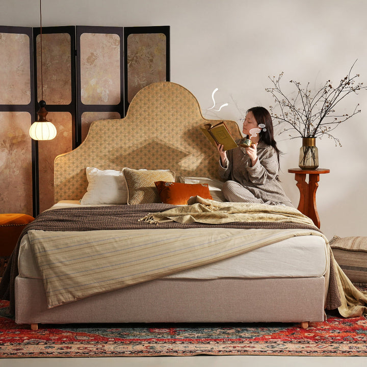 Detachable Dual-Tone Leather &amp; Fabric Covers - Elegant French Curved Headboard Bed Frame For Your Bedroom