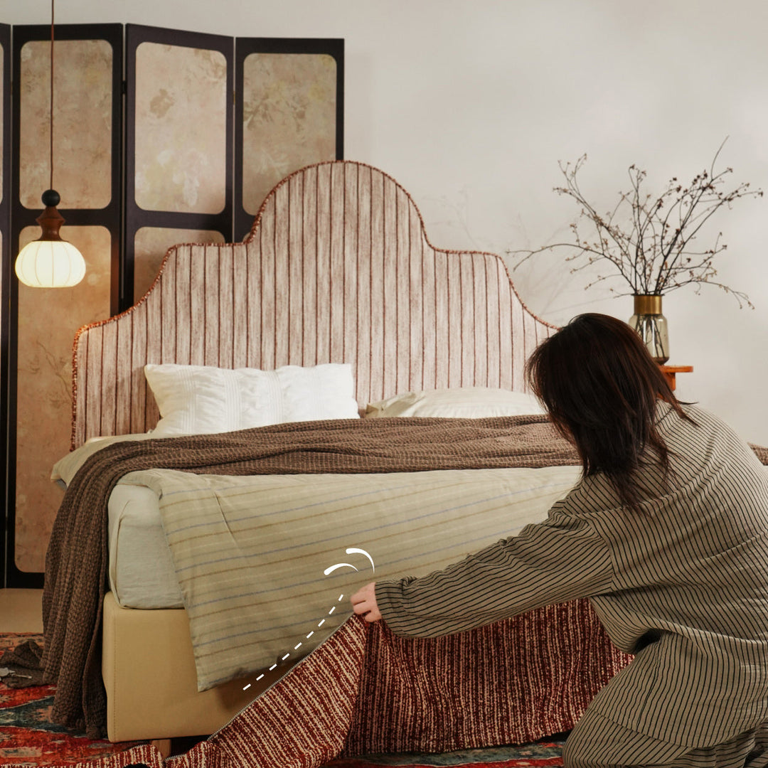 Detachable Dual-Tone Leather &amp; Fabric Covers - Elegant French Curved Headboard Bed Frame For Your Bedroom