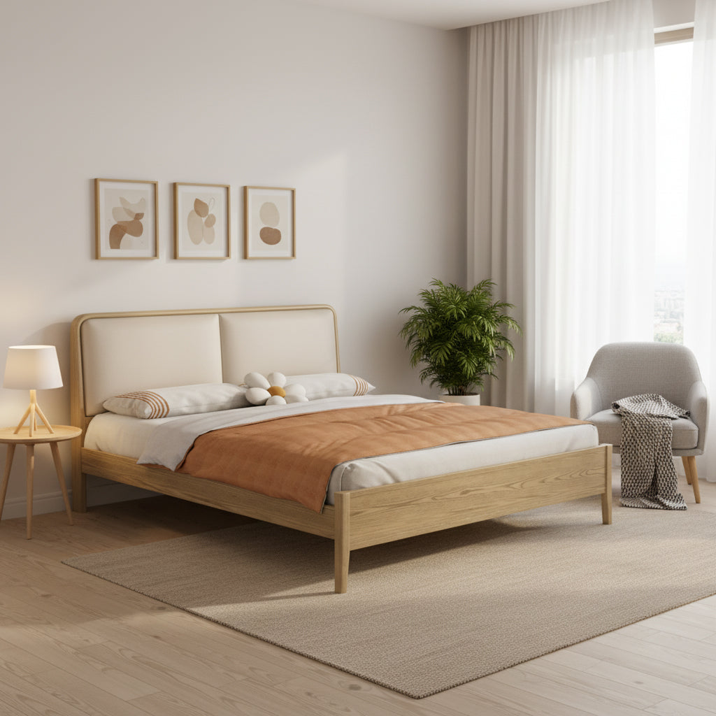 French Flush-Edge Bed Frame - Genuine Leather Headboard &amp; Breathable Pine Slats Bed For Bedroom