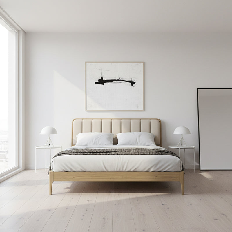 French Romantic Aesthetic Recessed Bed Frame - Genuine Leather Upholstered &amp; Ash Wood Bed For Bedroom