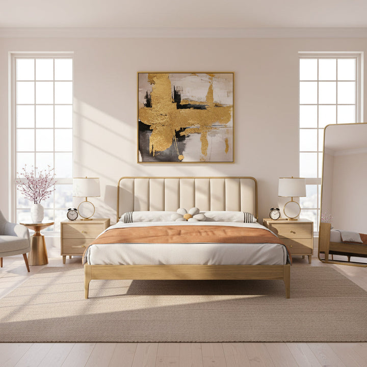 French Romantic Aesthetic Recessed Bed Frame - Genuine Leather Upholstered &amp; Ash Wood Bed For Bedroom