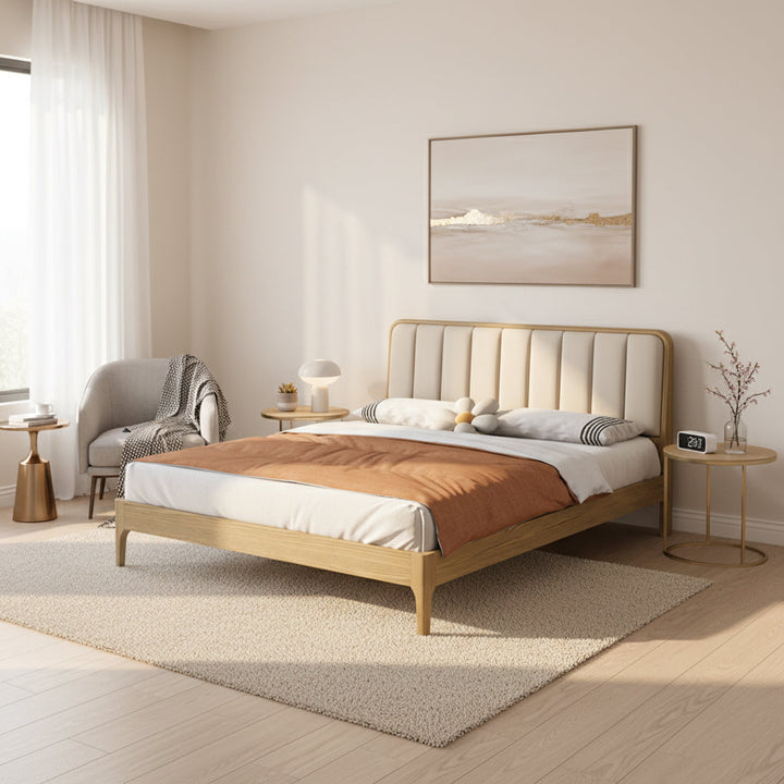 French Romantic Aesthetic Recessed Bed Frame - Genuine Leather Upholstered &amp; Ash Wood Bed For Bedroom