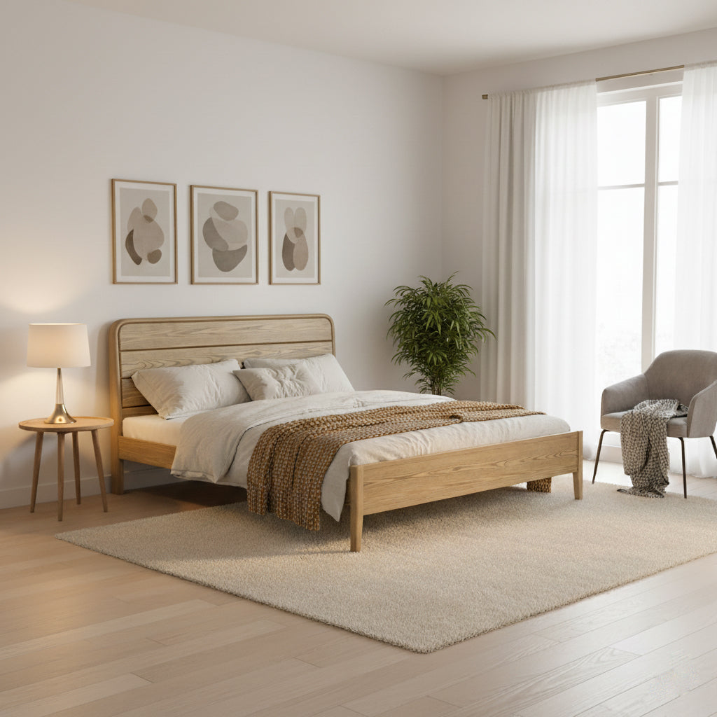 Consistent Texture Bed Frame - Flush Edge &amp; Adjustable Height Ash Wood Bed For Bedroom