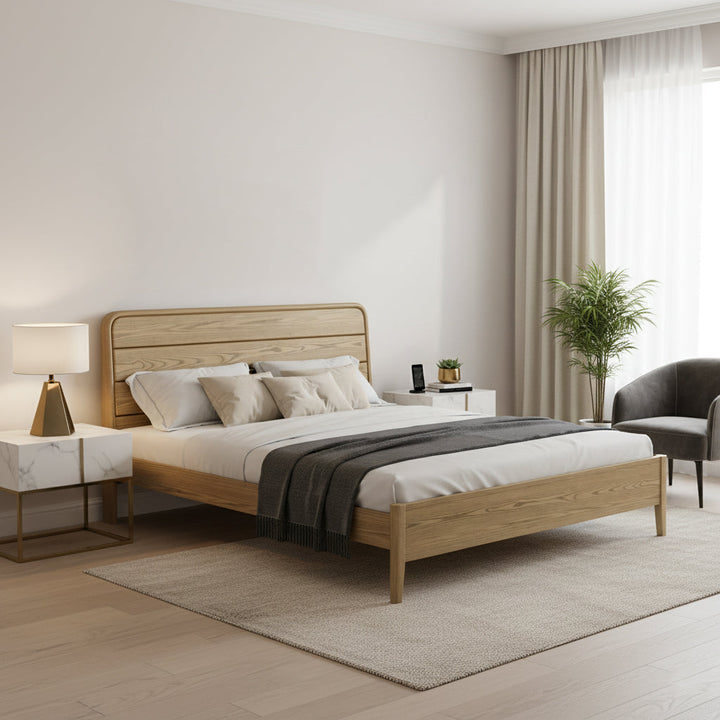 Consistent Texture Bed Frame - Flush Edge &amp; Adjustable Height Ash Wood Bed For Bedroom
