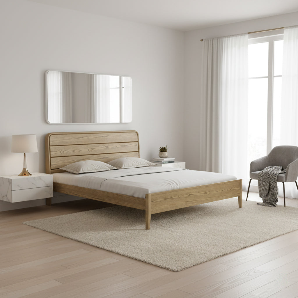 Consistent Texture Bed Frame - Flush Edge &amp; Adjustable Height Ash Wood Bed For Bedroom