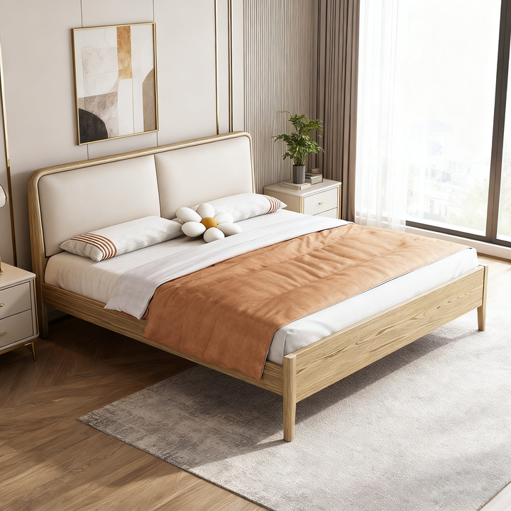 French Flush-Edge Bed Frame - Genuine Leather Headboard &amp; Breathable Pine Slats Bed For Bedroom