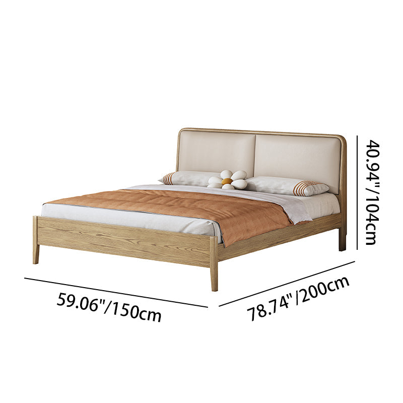 French Flush-Edge Bed Frame - Genuine Leather Headboard &amp; Breathable Pine Slats Bed For Bedroom