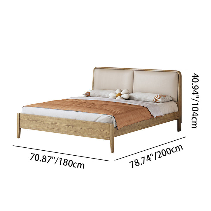 French Flush-Edge Bed Frame - Genuine Leather Headboard &amp; Breathable Pine Slats Bed For Bedroom