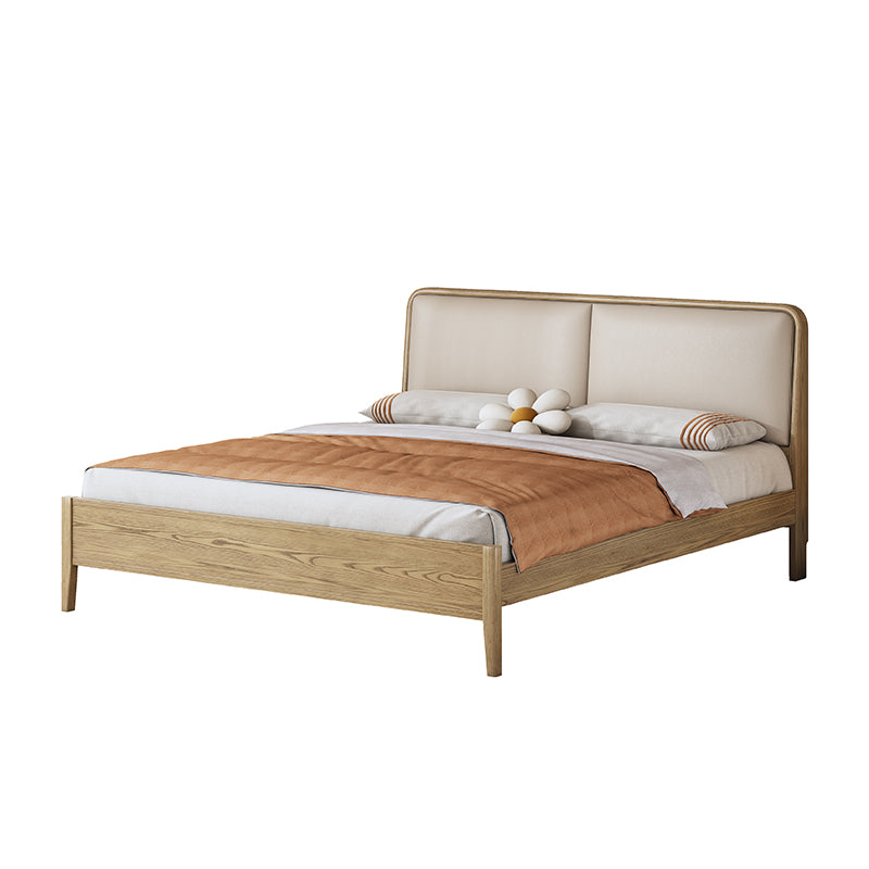 French Flush-Edge Bed Frame - Genuine Leather Headboard &amp; Breathable Pine Slats Bed For Bedroom