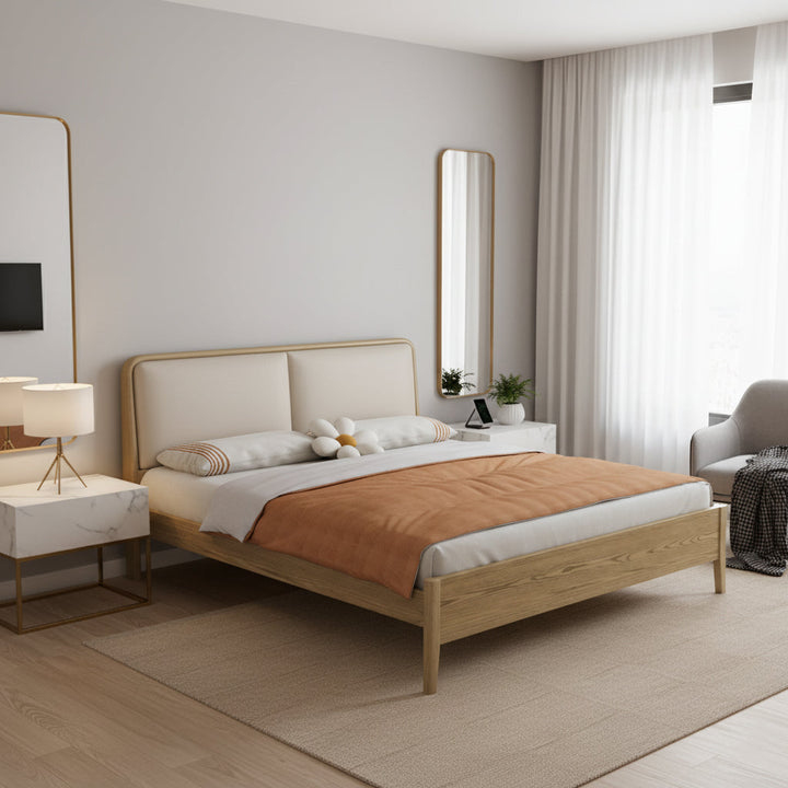 French Flush-Edge Bed Frame - Genuine Leather Headboard &amp; Breathable Pine Slats Bed For Bedroom