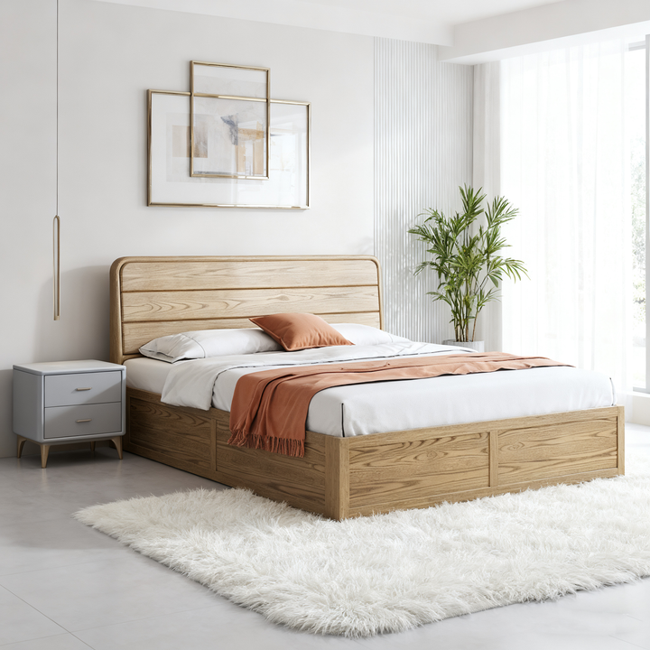 Space-Saving Rustic Bed Frame - Natural Ash Wood Lift-Top Storage Bed For Bedroom