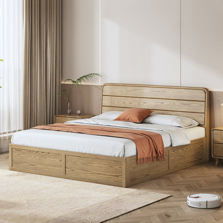 Space-Saving Rustic Bed Frame - Natural Ash Wood Lift-Top Storage Bed For Bedroom