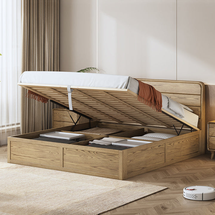 Space-Saving Rustic Bed Frame - Natural Ash Wood Lift-Top Storage Bed For Bedroom
