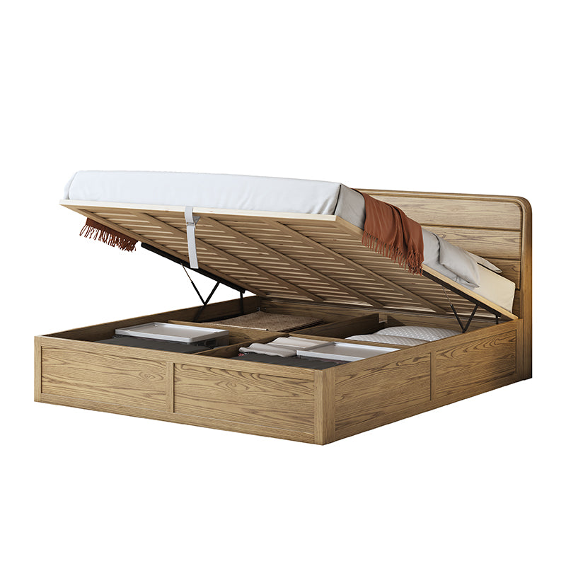 Space-Saving Rustic Bed Frame - Natural Ash Wood Lift-Top Storage Bed For Bedroom