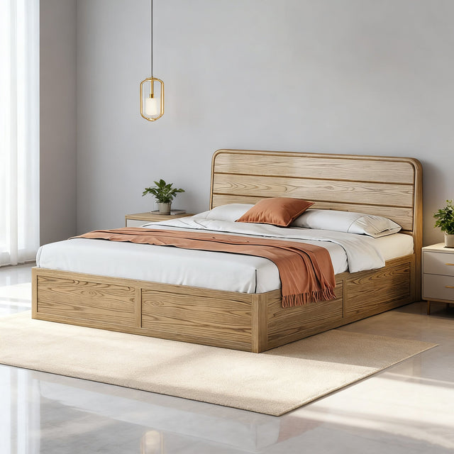 Space-Saving Rustic Bed Frame - Natural Ash Wood Lift-Top Storage Bed For Bedroom