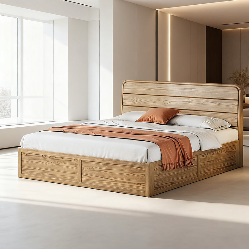 Space-Saving Rustic Bed Frame - Natural Ash Wood Lift-Top Storage Bed For Bedroom