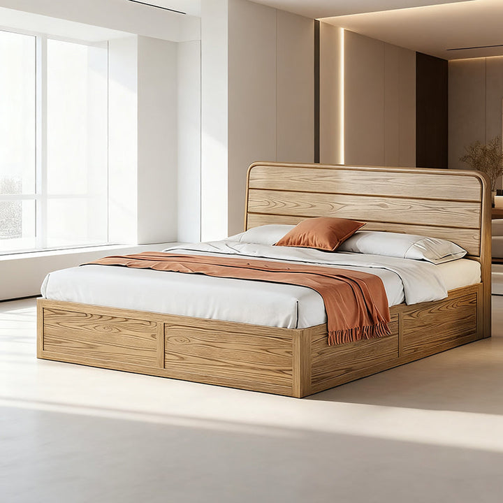 Space-Saving Rustic Bed Frame - Natural Ash Wood Lift-Top Storage Bed For Bedroom