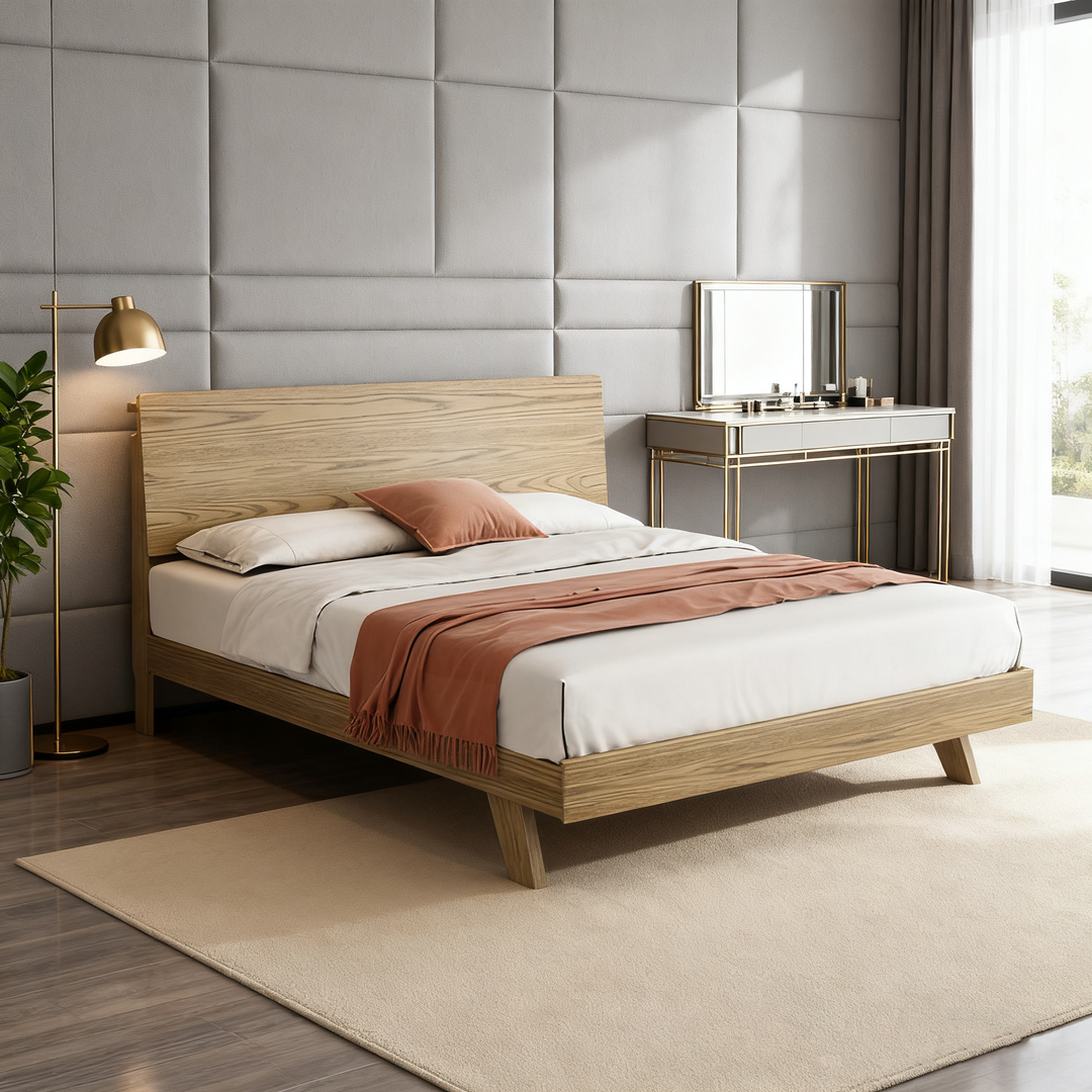 Minimalist Flush-Edge Design Bed Frame - Full Ash Wood Frame Bed For Bedroom