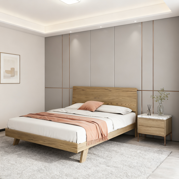 Minimalist Flush-Edge Design Bed Frame - Full Ash Wood Frame Bed For Bedroom