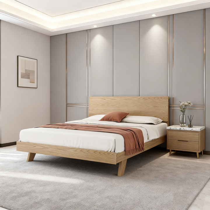 Minimalist Flush-Edge Design Bed Frame - Full Ash Wood Frame Bed For Bedroom