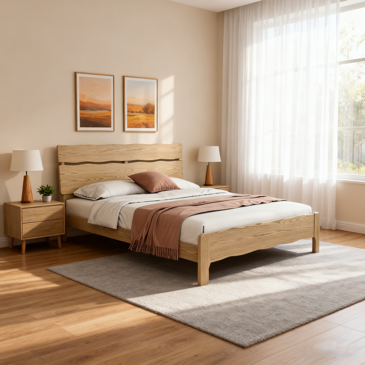 Contemporary Coastal Bed Frame - Multi-Height Adjustment &amp; Sturdy Ash Wood Bed For Bedroom