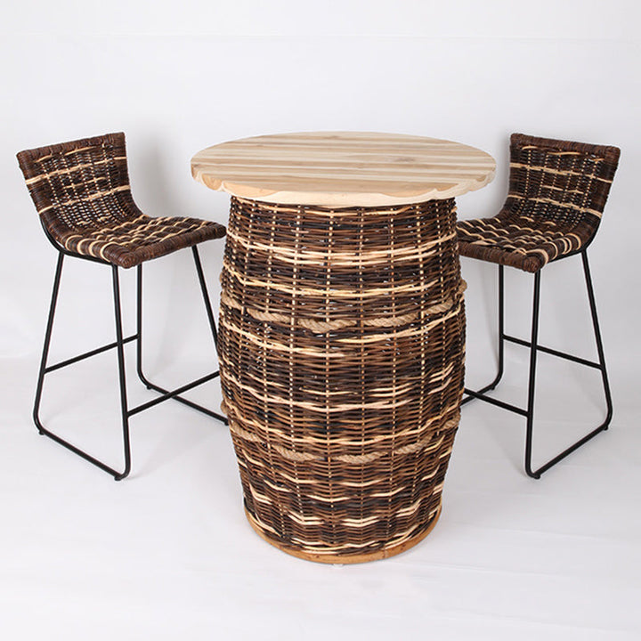 Rustic Teak &amp; Rattan Weaving Bar Table - Dual-Material Durability &amp; Natural Charm Table For Dining Room &amp; Kitchen