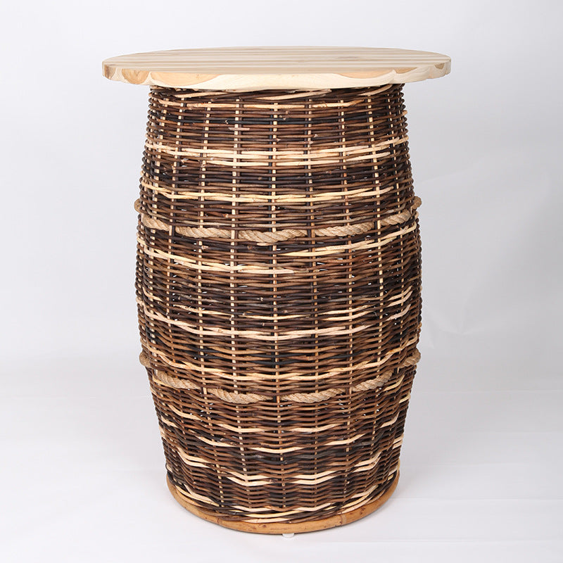 Rustic Teak &amp; Rattan Weaving Bar Table - Dual-Material Durability &amp; Natural Charm Table For Dining Room &amp; Kitchen