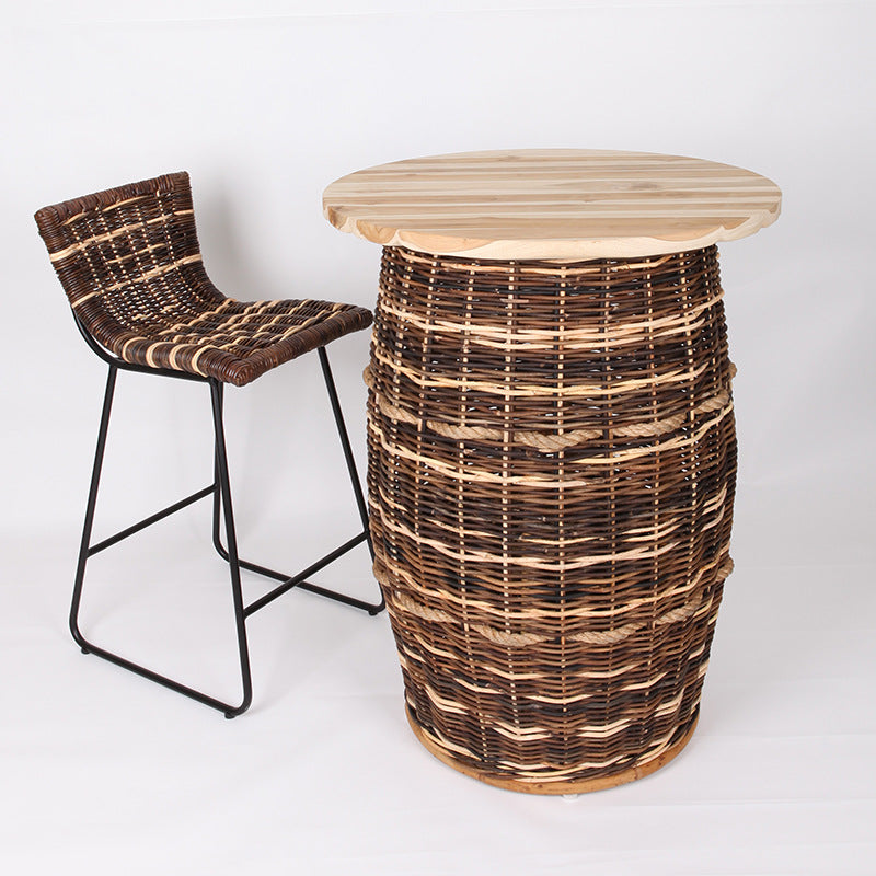Rustic Teak &amp; Rattan Weaving Bar Table - Dual-Material Durability &amp; Natural Charm Table For Dining Room &amp; Kitchen